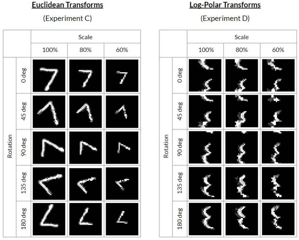 Example of rotation and scale transformations for a single MNIST image.